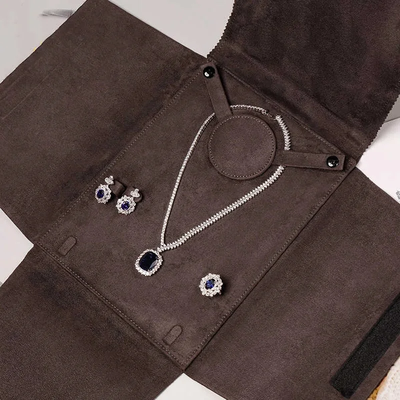 Creative Brand Style Set Chain Box Fashion Coffee Color Suede Jewel Necklace Box Network Red Ring Necklace Earrings Set