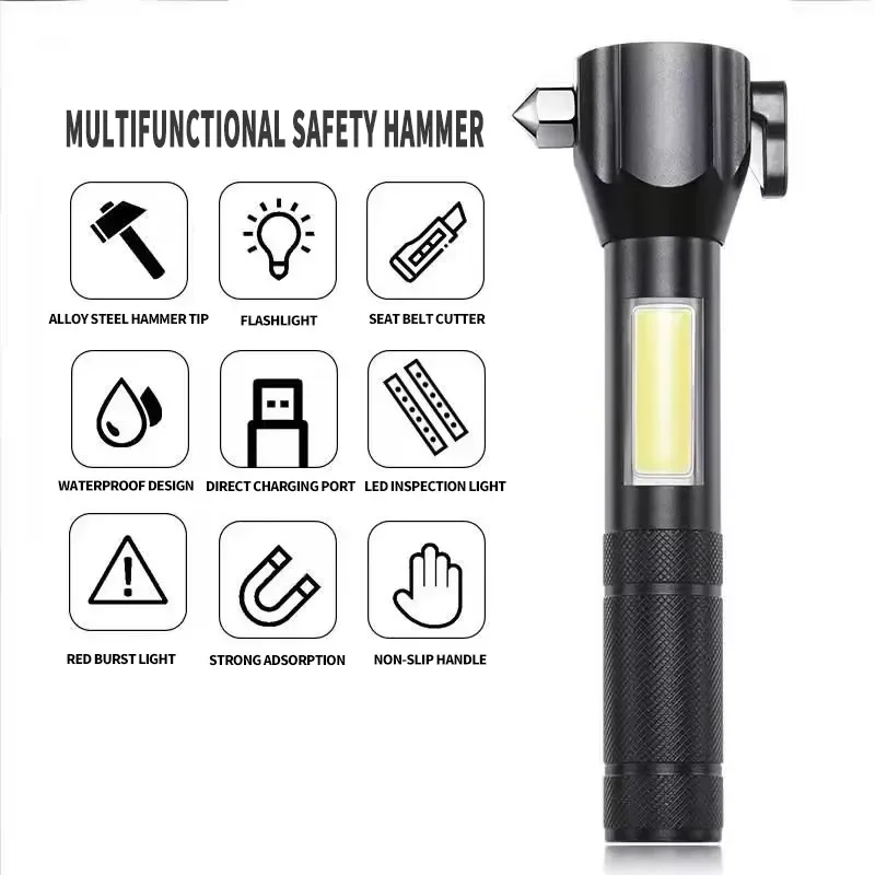 Multi-Function COB LED EDC Flashlight Rechargeable and Waterproof for Emergency Work Repairing Safety Hammer Tactical Knife