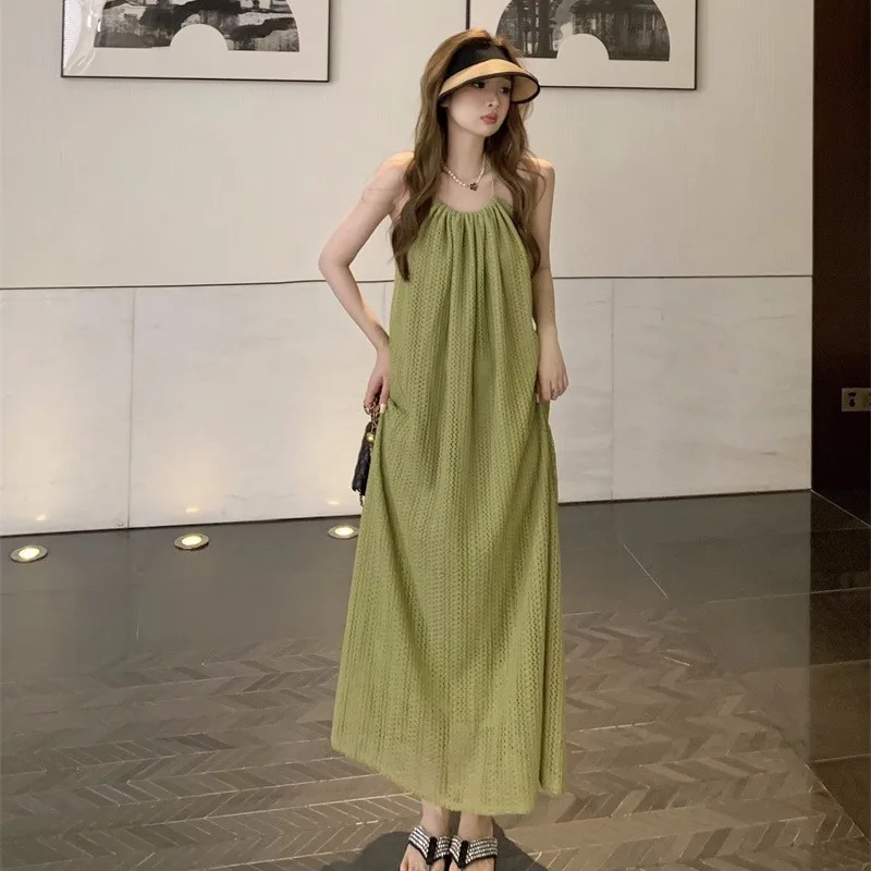 

Fashion O-Neck Solid Color Folds Hollow Out Slip Dresses Female Clothing Summer New Loose All-match Sleeveless Dress