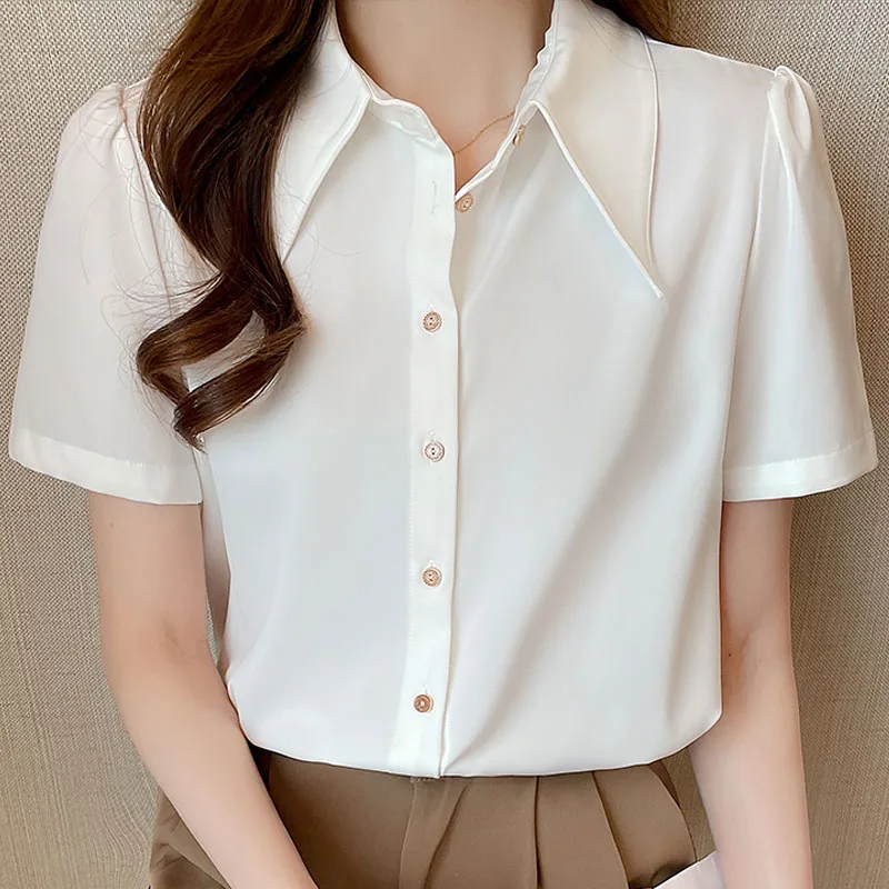 

Summer 2022 White Blouse Satin Short Sleeve Shirt Female Tops Free Shipping Items Clothes for Women V-Neck Button Chiffon 2801