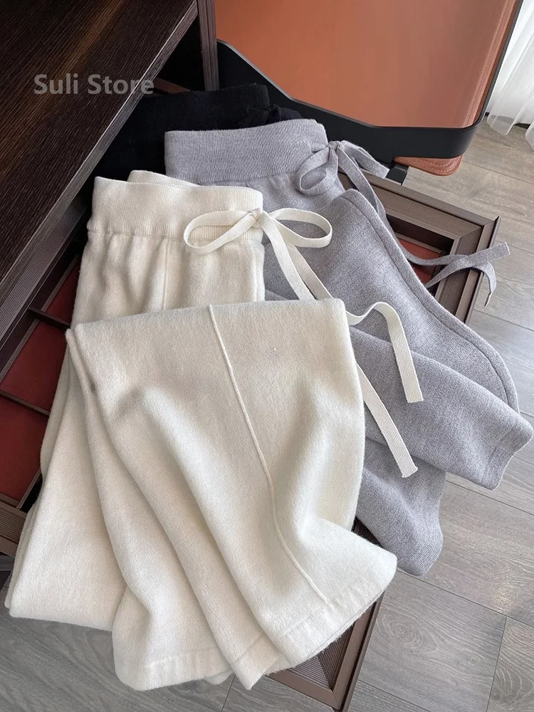 High-Grade Soft Glutinous White Knitted Fabric Wide-Leg Pants Women's Thickened Wool Drape Casual Straight-Leg Mop Trousers