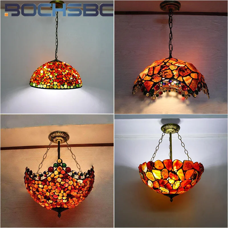 BOCHSBC Tiffany style Stained glass American vintage agate inverted pendant light Dining Room Living Room Bedroom Cafe LED decor