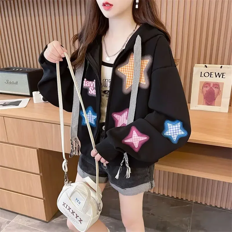 Female Top Graphic With Zipper Casual Women's Hooded Sweatshirts Full Zip Up Hoodies Y2k Style Outerwears High Quality Coat M E