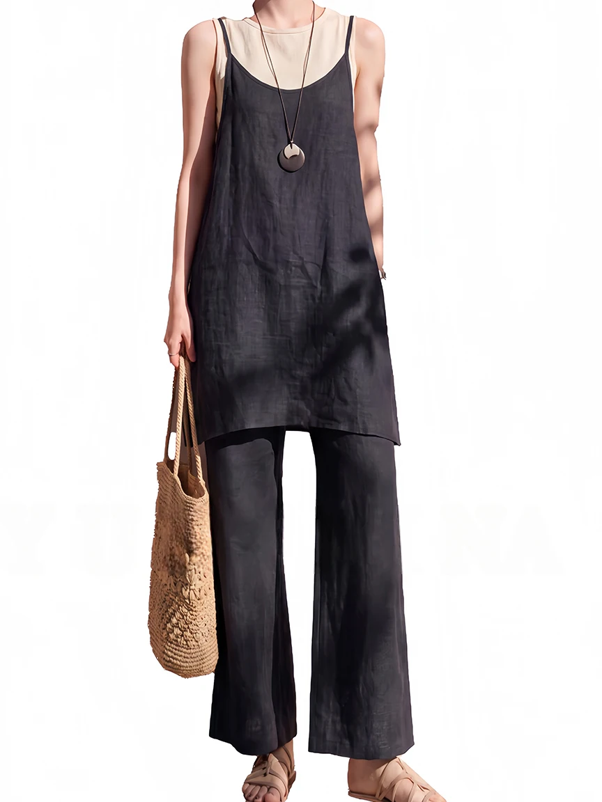 Ladies Linen Sleeveless Set Casual Style round Neck Crop Top And High Waist Wide Leg Pants Two Piece Minimalist Summer Outfit