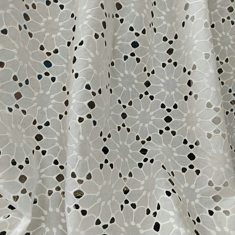 White 100% Cotton cords embroidered clothing geometry flower eyelet fabric lace for daily woman dress garment