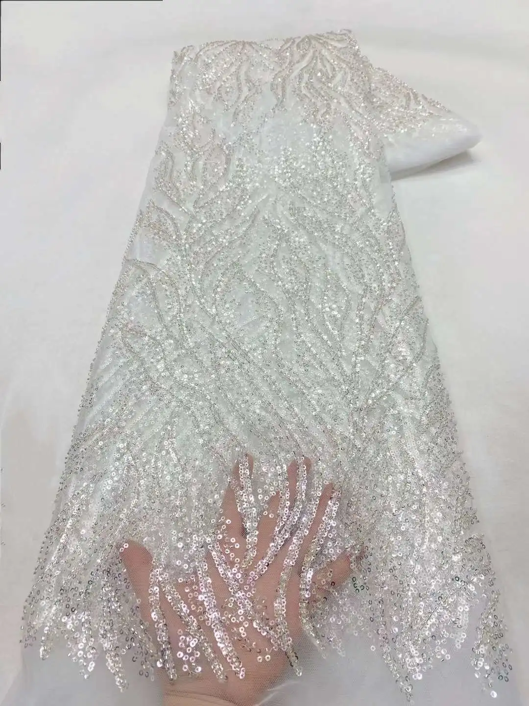 

African Luxury Sequins Lace Fabrics Latest Beaded Groom Embroidery French Mesh Lace Fabrics Material For Party Wedding XZ