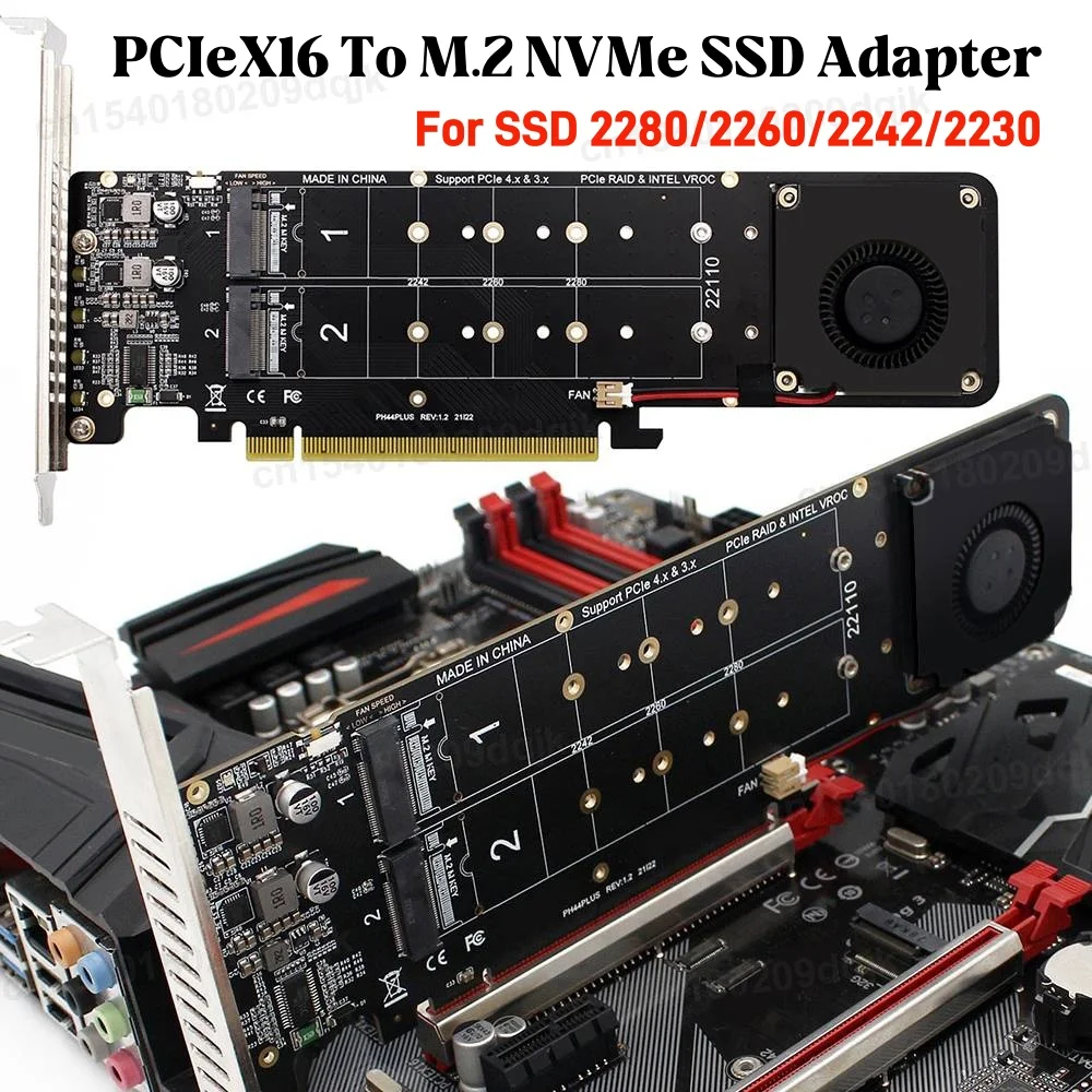 

Карта адаптера PCIe X16 — M.2 NVMe SSD Карта расширения RAID с четырьмя приводами Высокоскоростная до 14000 Мбит/с, совместимая с несколькими размерами