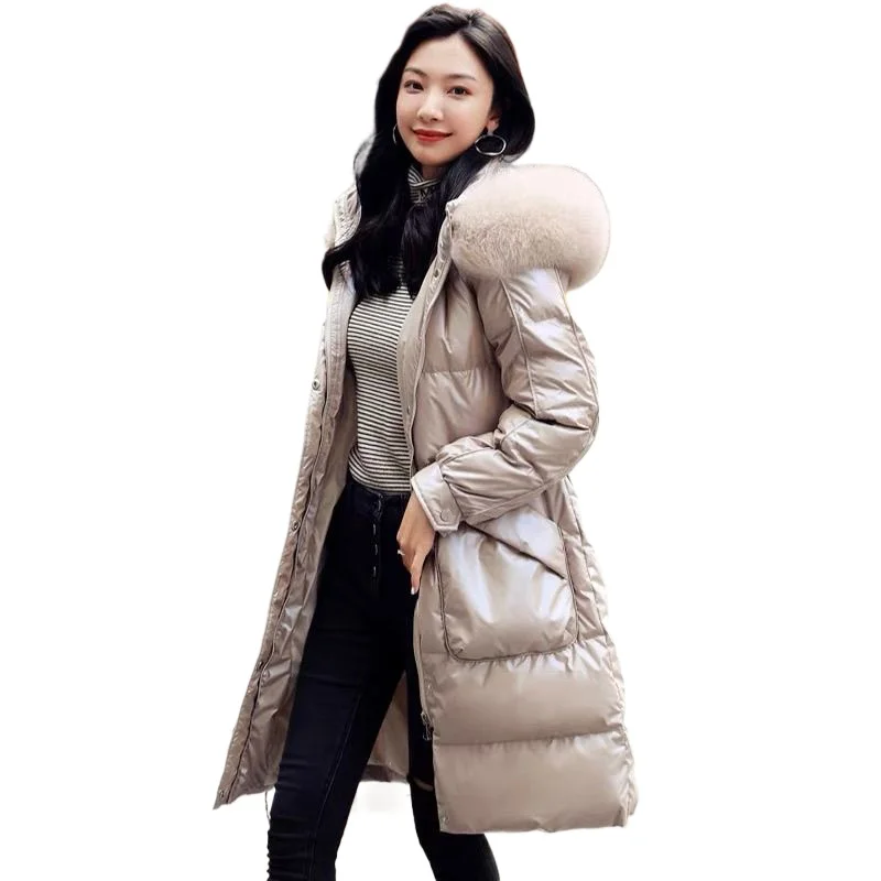 موضة جديدة متوسطة وطويلة سترة سميكة فضفاضة ورقيقة الشتاء الخصر سترات لامعة الفراء طوق ترك في أسفل الملابس القطنية