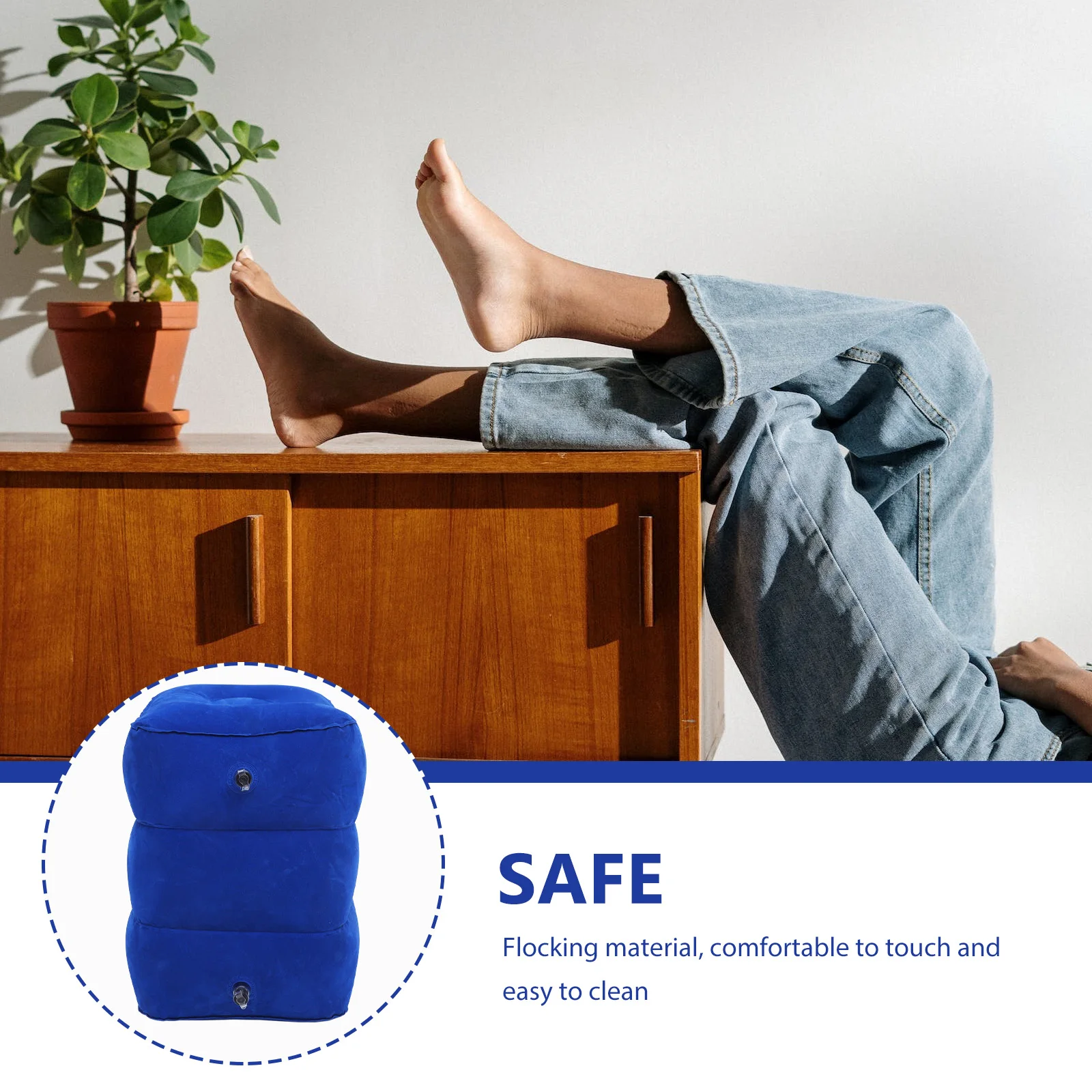 

1pc Inflatable Foot Cushion Mat Adjustable Foldable Flocking Easy Clean Travel Use Dark Blue Airplane High Speed Rail for Home