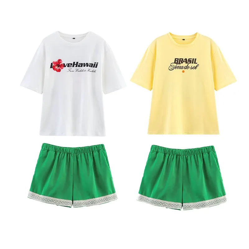 

TRAFZR Womens Print Short Sleeve T-shirt Green Lace Shorts Set Casual Oversized Summer Daily Home Wear Vacation Street Style
