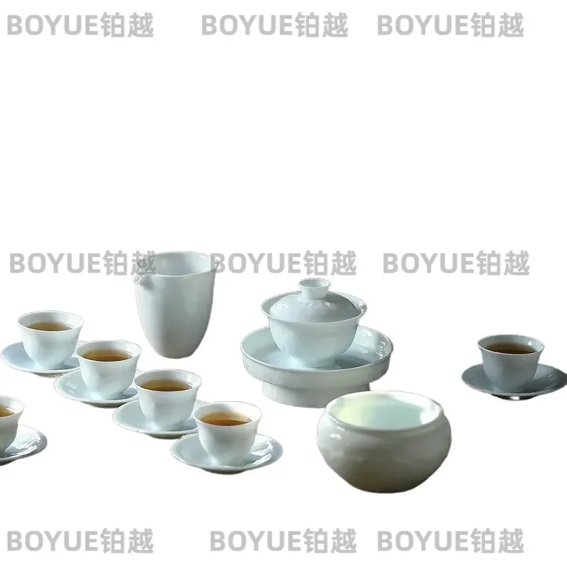 Blue and white porcelain imitation Song Kung Fu tea set, household ceramic shadow blue relief Sancai cover bowl, Jianshui