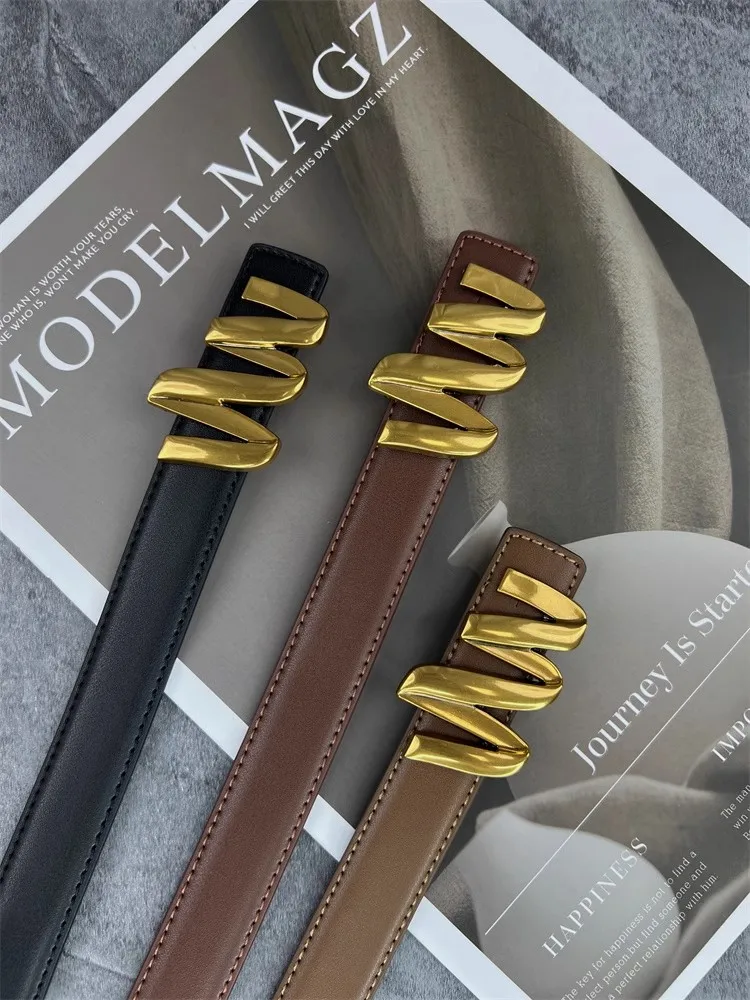 مشد نسائي من الجلد الطبيعي بإبزيم ذهبي على الموضة معطف نسائي بحزام الخصر وحزام ضيق J1399