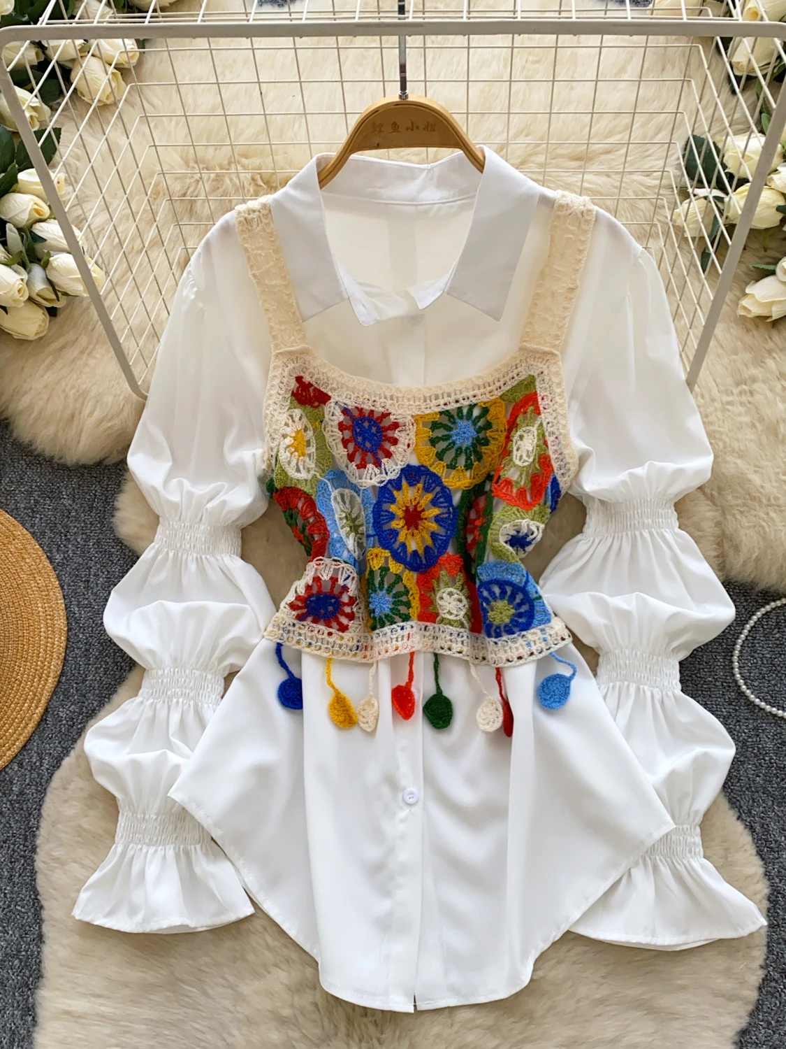 Korean Style Commuter Lantern Sleeve Shirt Two-Piece Set Women's Spring Autumn Heavy Bead Sequin Fashionable High-End Set