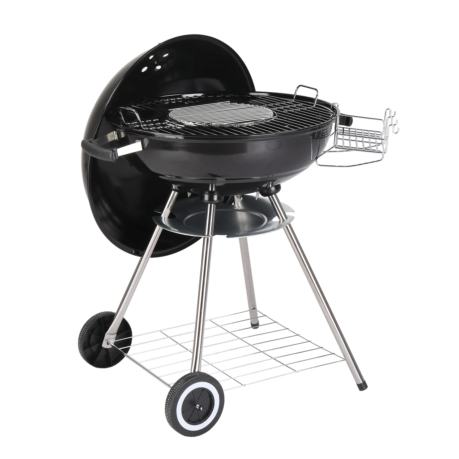 

28-Inch Portable Charcoal Grill with Wheels and Storage Holder, Porcelain-Enameled Lid and Ash Catcher & Thermometer