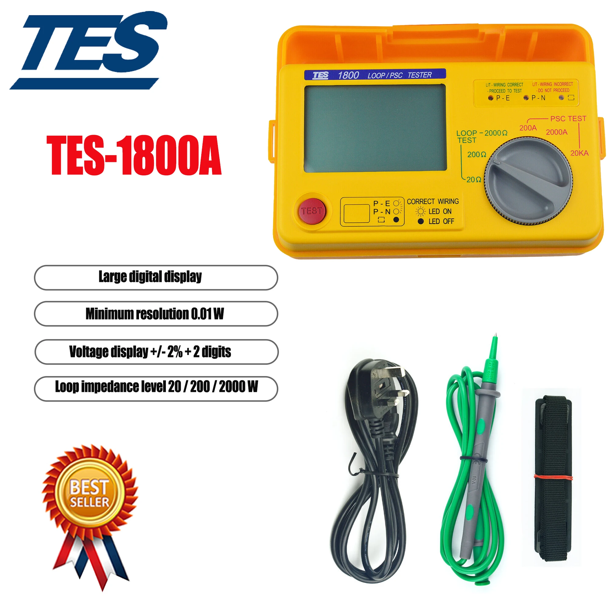 TES-1800A PSC Resistance Tester 0.01 W 3 Digit LCD Display Loop Impedance Anticipation Ahort-circuit Current Tester