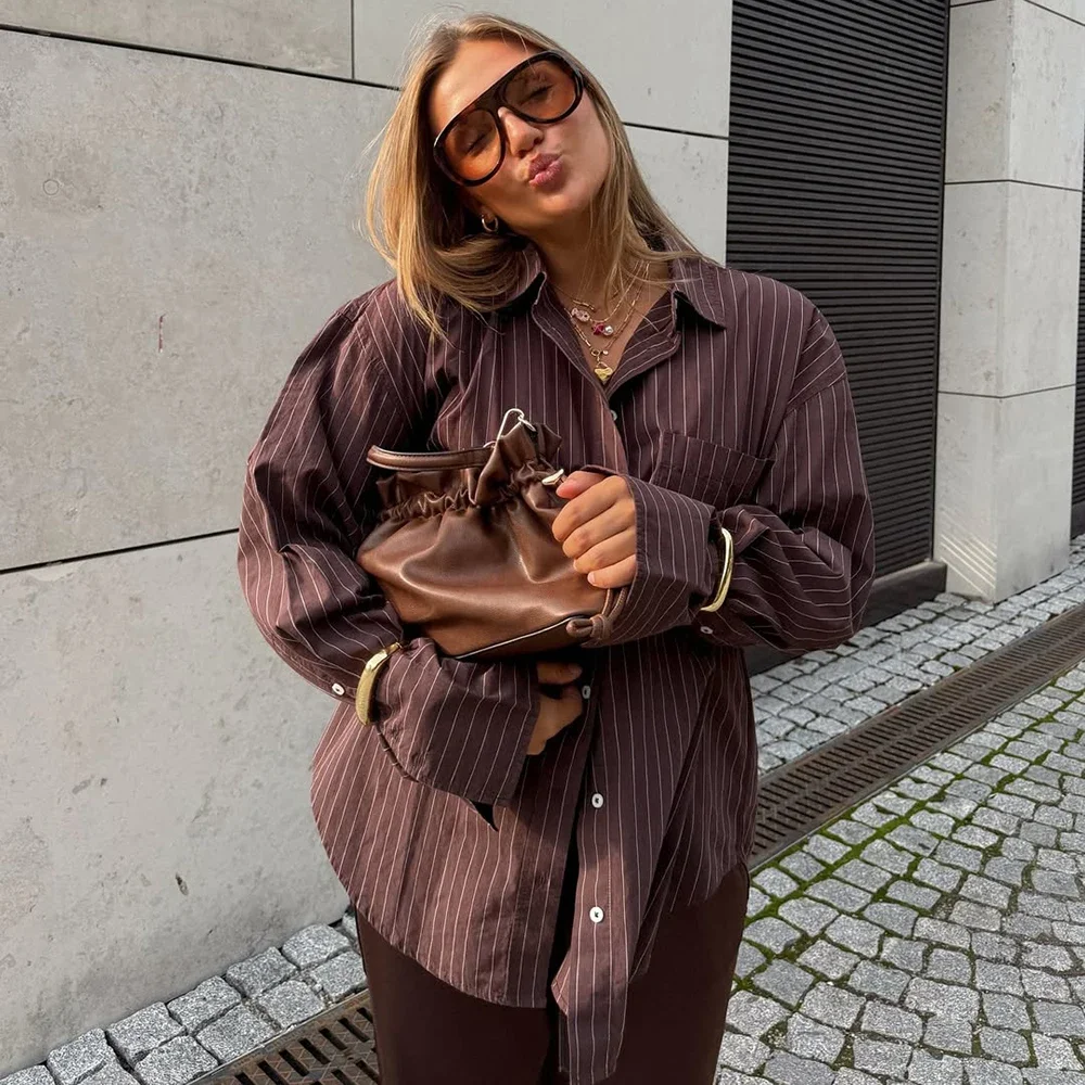 

Talenza Women's Striped Shirt Fashion Retro Loose Casual Chic Patchwork Blouses Top Autumn Streetwear New Elegant Female Blouses