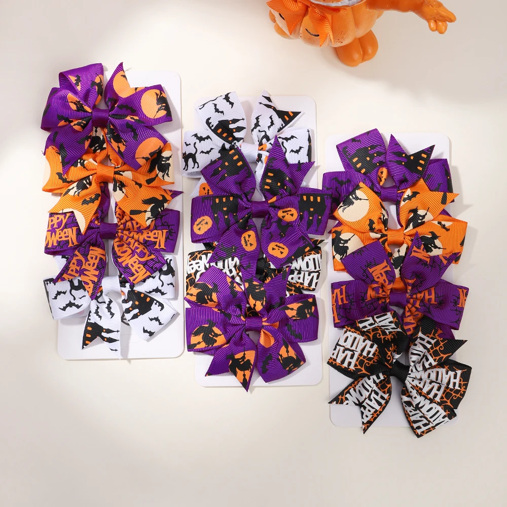 4Pcs/Set Fashion Halloween Bow Hair Clip Girls Pumpkin Printed Hair Clips Party Hair Accessories Kids Baby Hair Decoration Gift