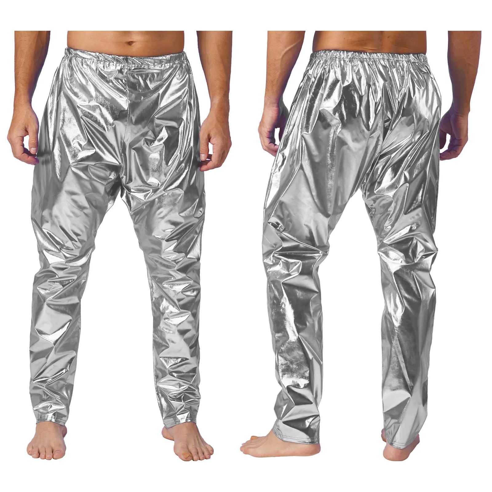 Mens Metallic Shiny Long Pants Hip Hop Dance Jazz Trousers Solid Color Lightweight Harem Pants for Disco Party Stage Performance