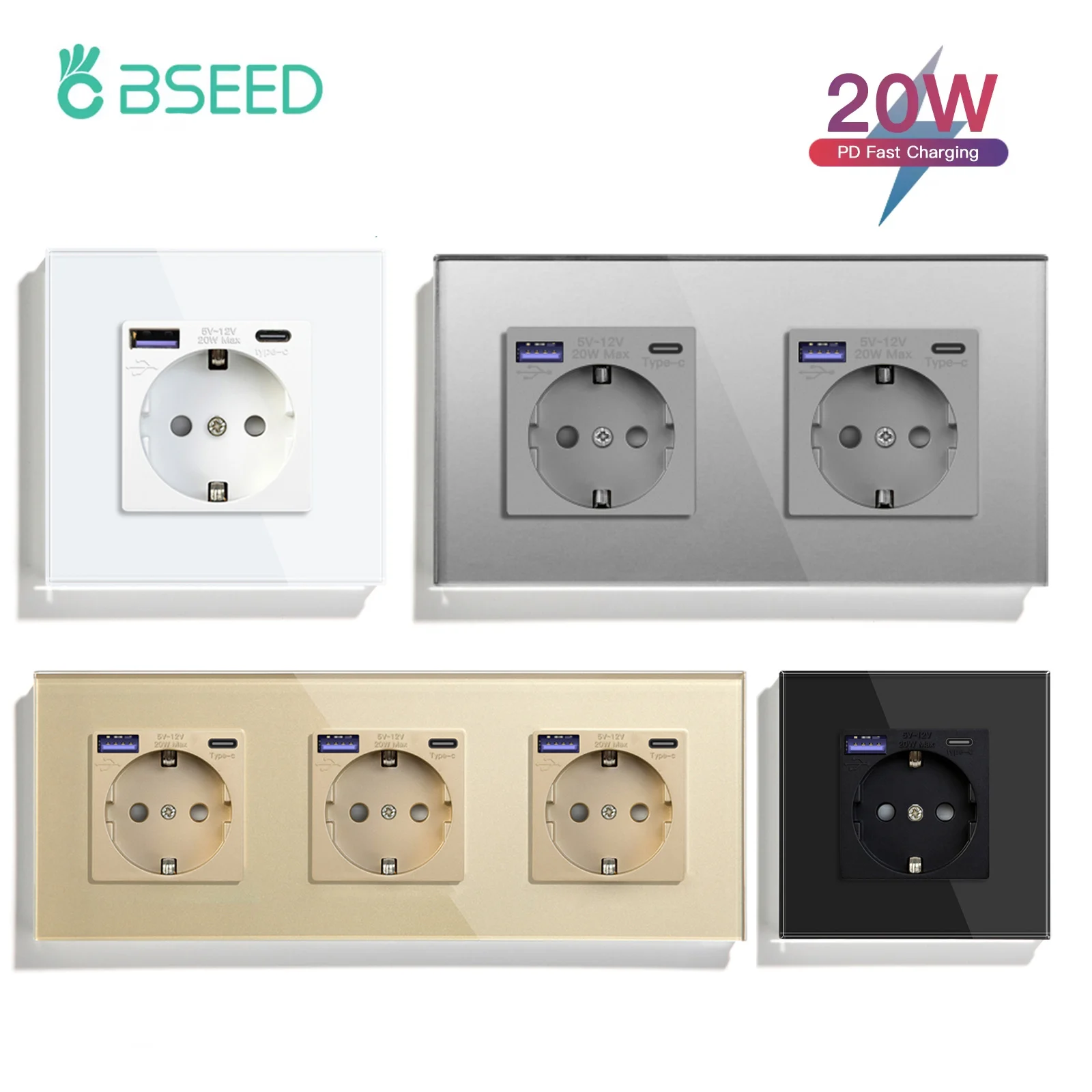 BSEED 20W PD Fast Charge Wall Socket Type-C Interface USB EU Standard Sockets Power Double Triple Power Outlets Wall Mounted