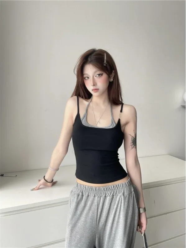 

American Retro Hot Girl Ne Hanging Strap Vest Women Summer 2025 New Color Colion Fake Two-Piece ort Outerwear Top