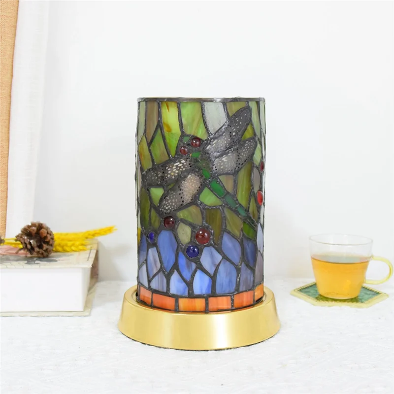

A76K American Country LED Glass Decorative Table Lamp Stained Glass USB Three-Tone Night Light