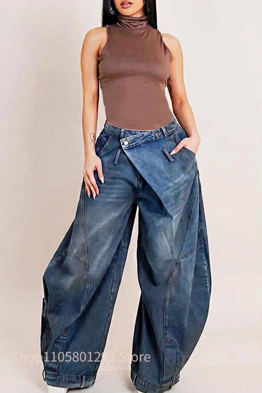 Y2K Streetwear Women Loose Denim Jeans Pants Asymmetric Button Pocket Washed Casual Harajuku High Street Grunge Denim Trouders