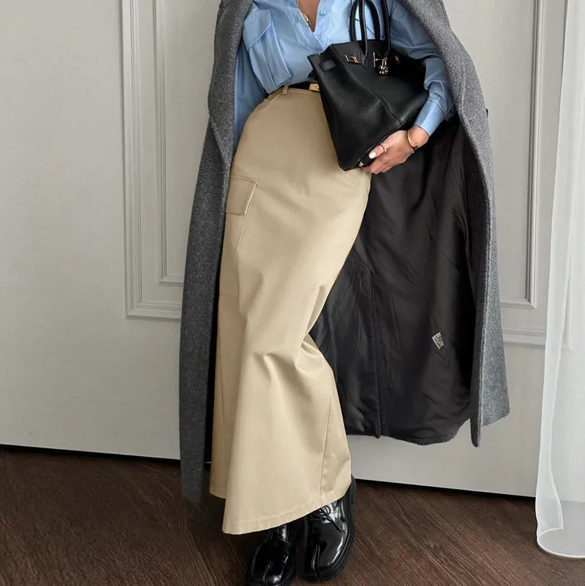 Khaki Elegant Cargo Skirts Autumn 2024 Pleated Women's High Waist Straight Skirts Winter Office Ladies Long Skirts