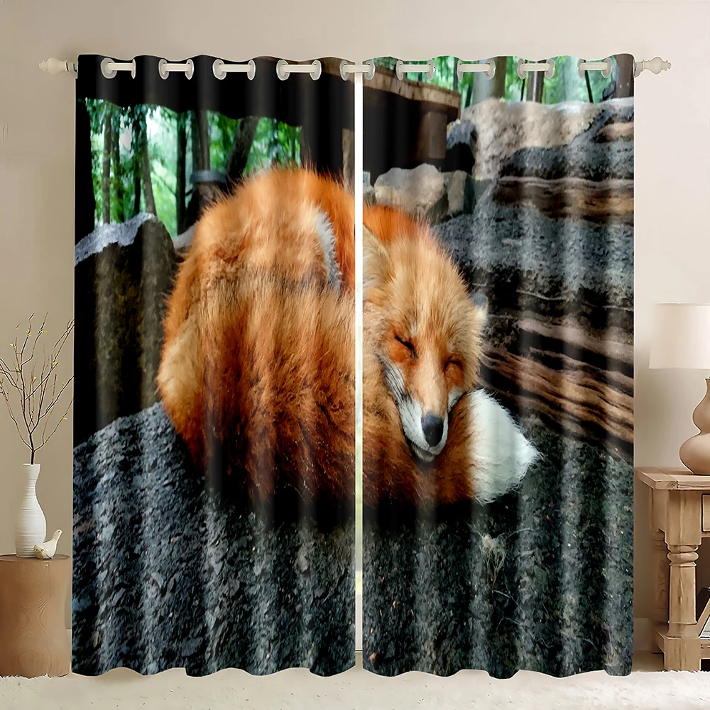 Wild Animal Fox Window Curtains,Cute Sleeping Yellow Fox On The Stone,Woodland Fox 3D Print Wild Animal Blackout Curtains