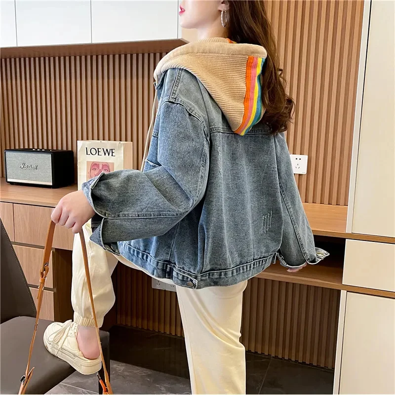 Woman Fake Two Age Reducing Hooded Short Denim Jackets 2026 Spring Women New Korean Edition Embroidered Versatile Loose Top Coat