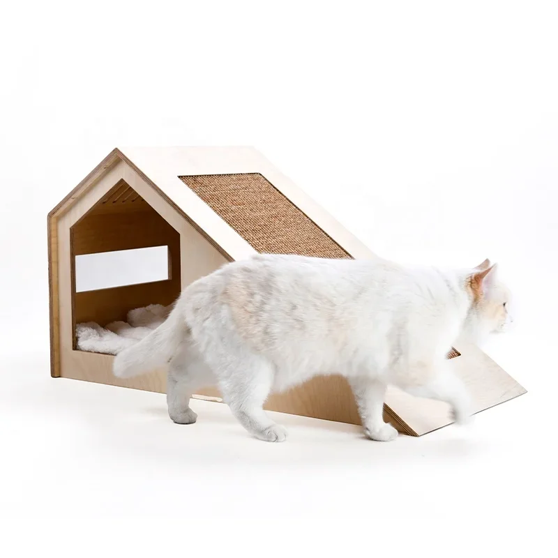 marine plywood cat house washable wooden cat bed with scratching fabric