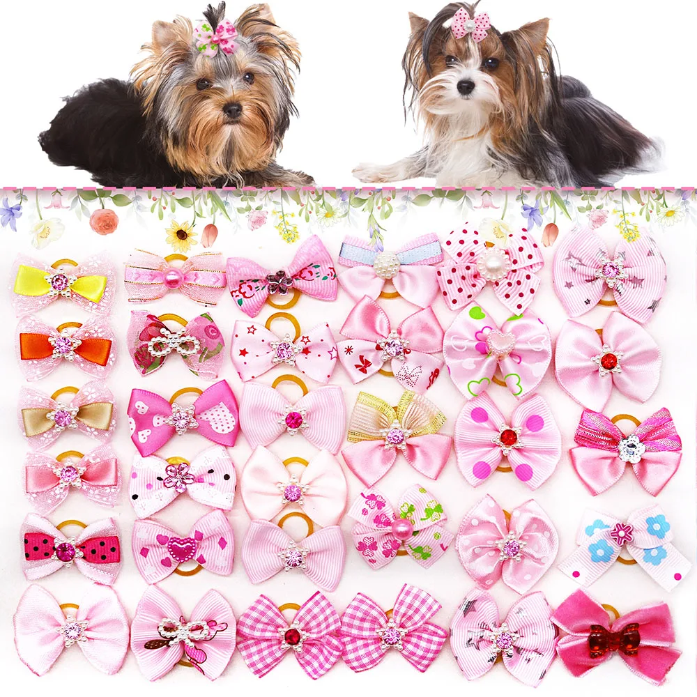 10/20PCS Rosa Stil Hund Bögen Mit Gummibänder Diamanten Niedlichen Hund Bowknots Haar Zubehör Für Hunde Haustier welpen Bögen