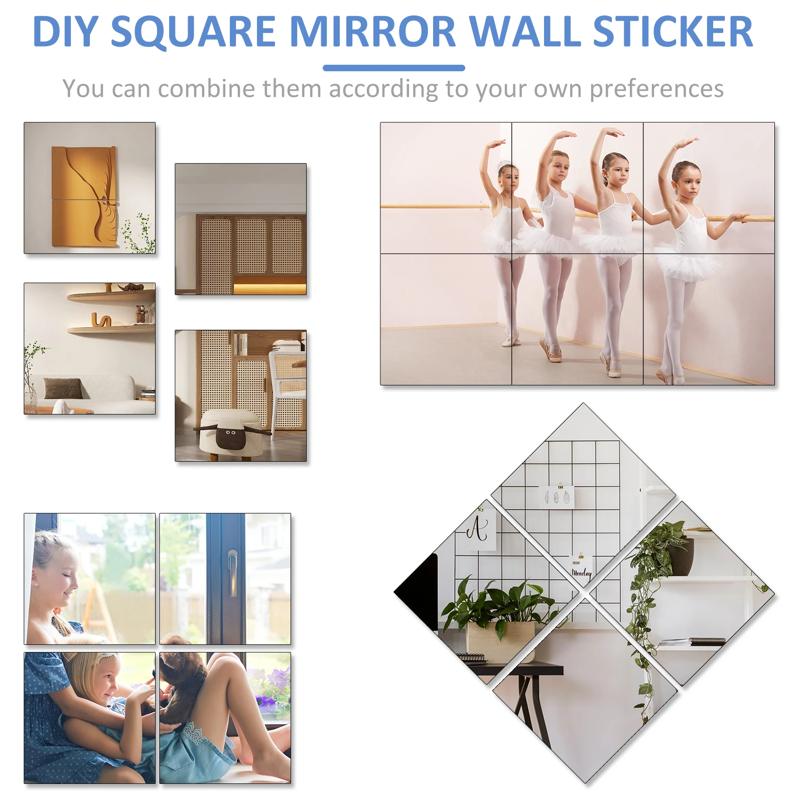 6Pcs Wall Mirror Tiles 12x12inch 1mm Thick Self Adhesive Acrylic Mirror Tiles Safe Unbreakable Acrylic Wall Mirrors Stickers