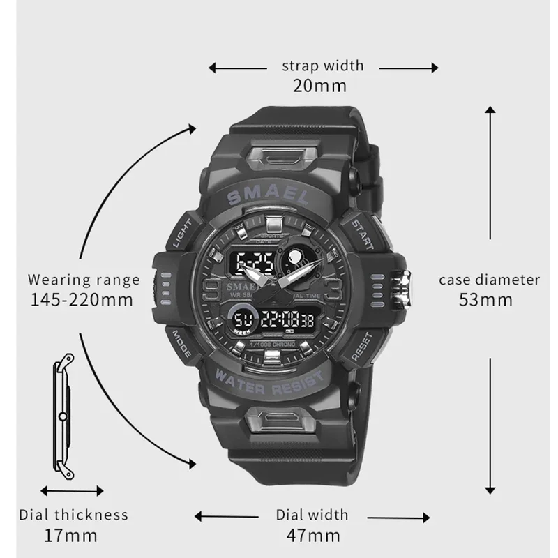 SMAEL8063 Digital Watch LED 50m Waterproof Military Wristwatch Male Clocks Mens Watches Stopwatches Alarm Clock Sport Watches
