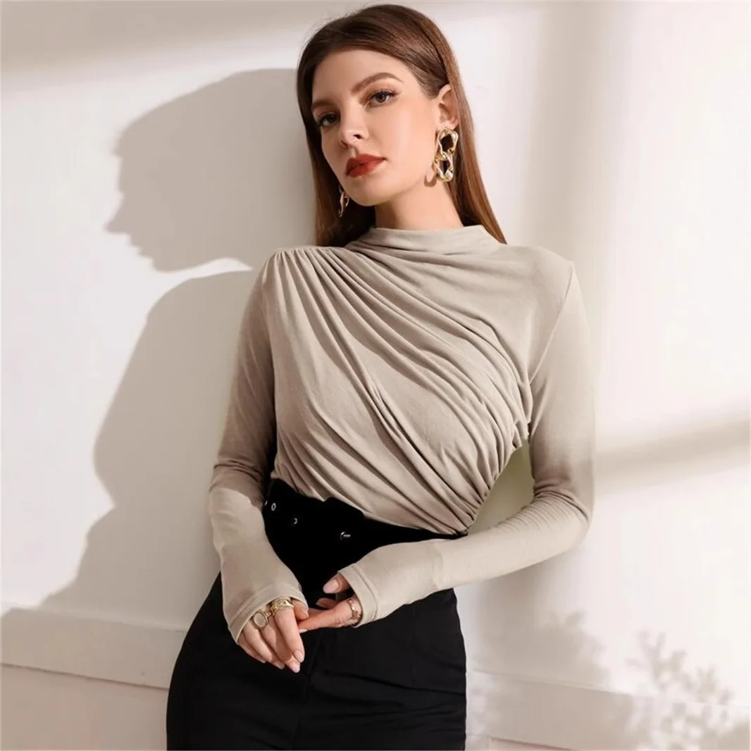 Autumn Winter Women's Ruched Mock Neck Long Sleeve Top Slim Fit Elegant Versatile Trendy Casual Commute Office Daily Wear Blouse