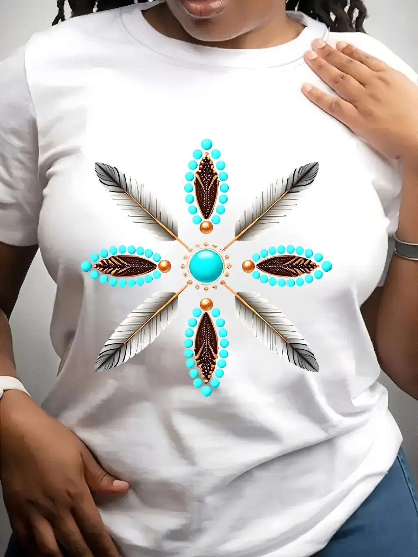 Women's Trendy Crew Neck T-Shirt Turquoise Feather Bead Star Pattern Suitable for Casual Sportswear