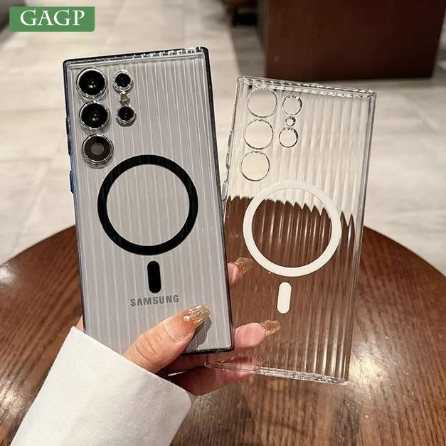 Luxury Ultra Thin Stripe Corrugated Transparent Case For Samsung Galaxy S23 S24 Plus Ultra MagSafe Magnetic Cover For Galaxy S24