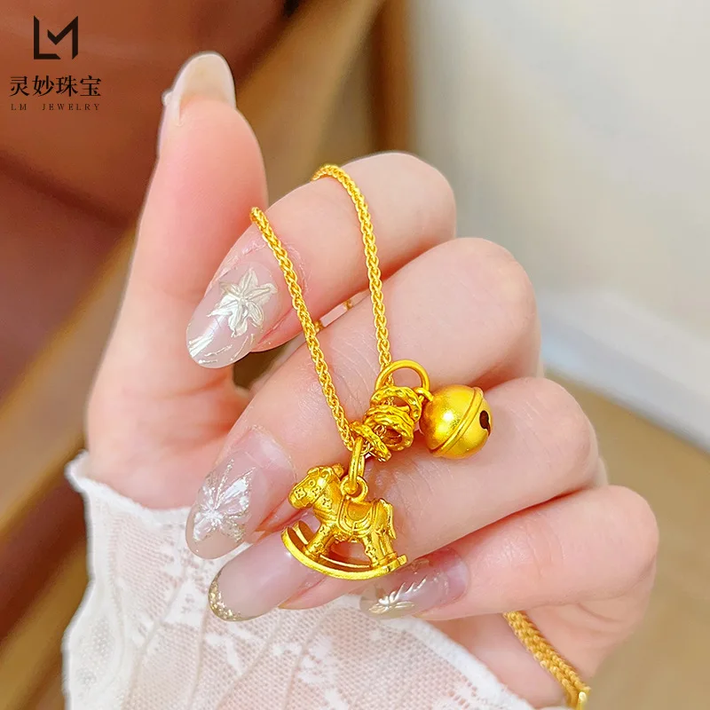 

9999 24K real gold luxury jewelry pendant necklace for women small trojan horse running ring collarbone chain