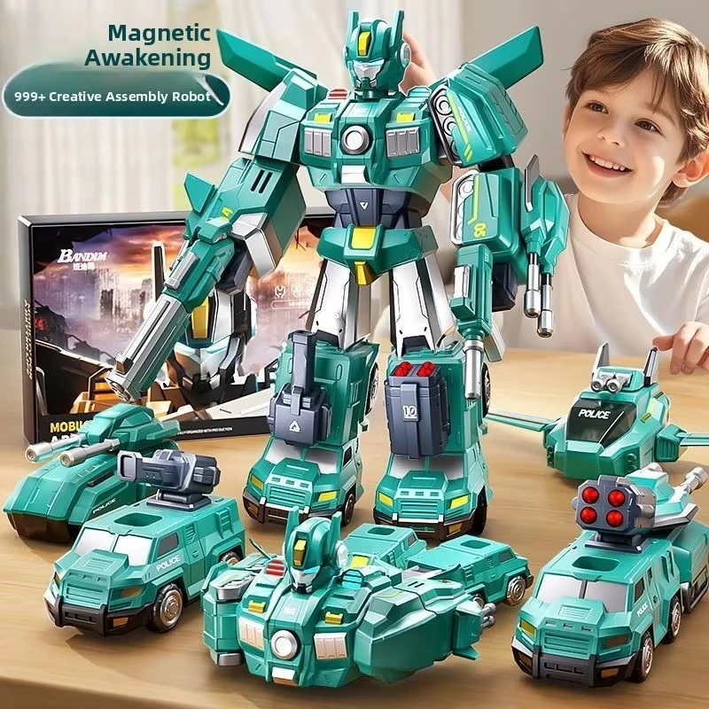 Magnetic DIY Assembly Robot Building Set, Transformable into Car & Truck Models, Brain-Building Learning Toys for Boys Birthday