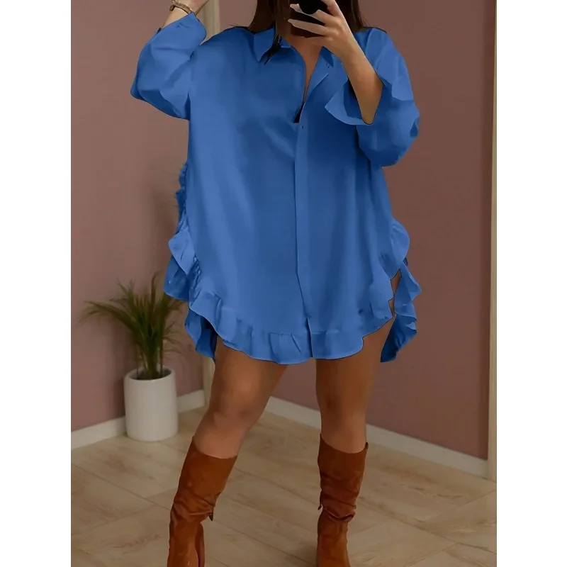 حجم كبير 1XL-5XL جديد المرأة موضة غير النظامية الدانتيل بلون بلوزة قميص السيدات فضفاضة تناسب طويلة الأكمام قميص غير رسمي
