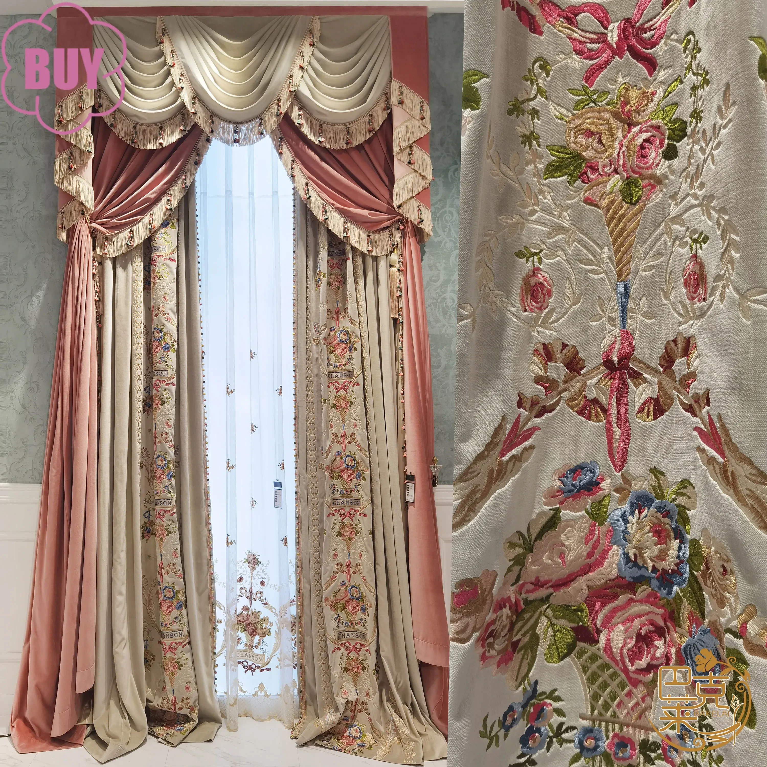 American French Luxury Curtains for Living Dining Room Bedroom Villa Velvet Embroidery Rococo Red High-grade European Court 1PC