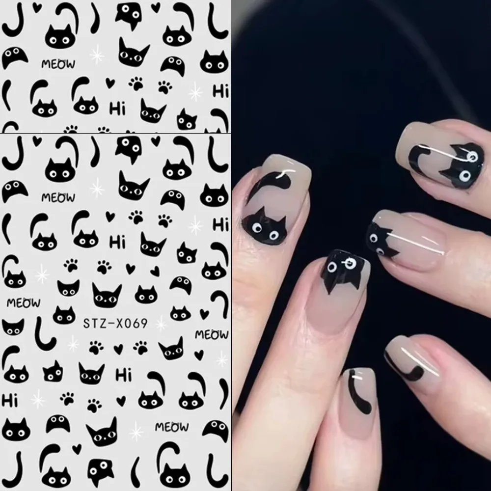 2 pegatinas 3D de gato negro kawaii para uñas, encantadores diseños de gato graffiti, deslizadores autoadhesivos para uñas, decoración de uñas con cola de gato para Halloween