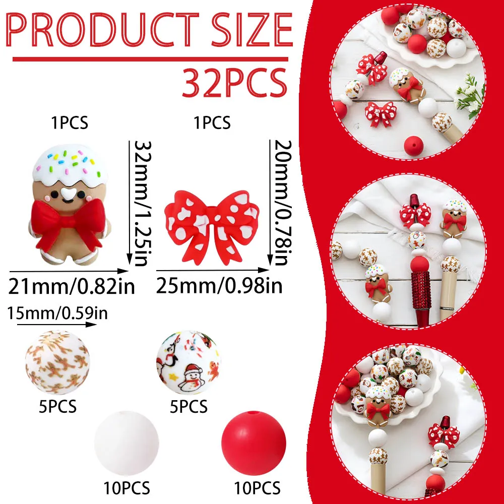 32-teiliges Set mit Weihnachts-Lebkuchenmann-Silikonperlen zum Selbermachen von Perlenketten, Armbändern, Stiften, Schmuckanhängern usw. Geburtstagsgeschenk für die Feiertage – Detail 7