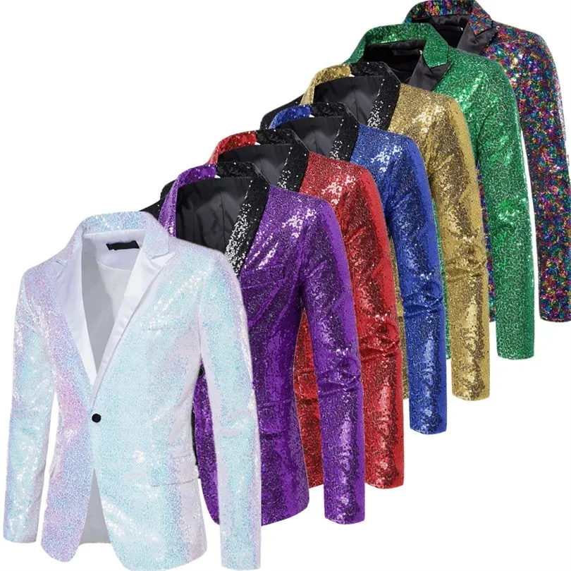 

Men's White Glitter Sequins Suit Jacket, Black Collar Blazer Coat, Wedding Party Dress Tops,Red,Blue,Gold,Silver,Green Available
