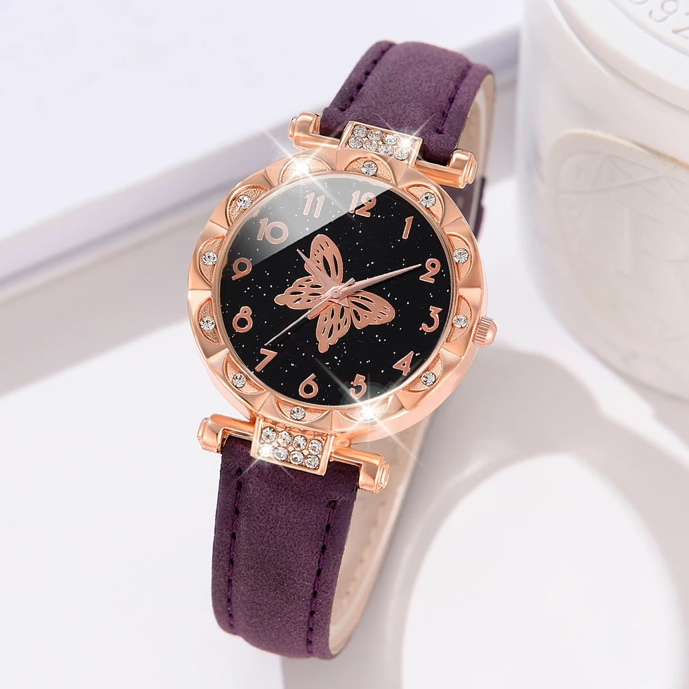 5PCS/Set Purple Women Watch Fashionable Butterfly Element Dial Quartz Wristwatch Frosted Strap Watch Jewelry Set Gift For Girls