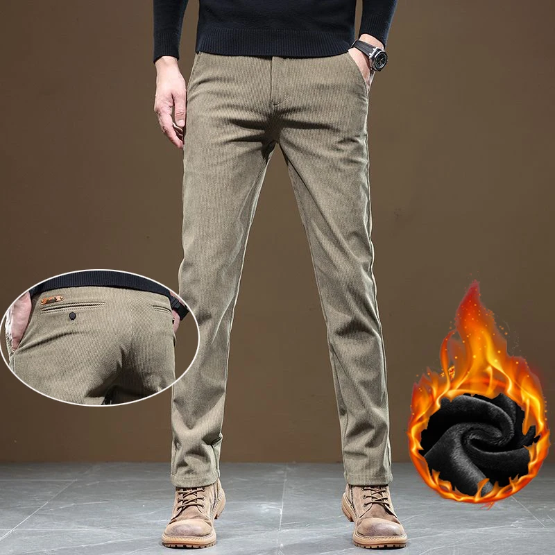 

2025 Men Winter Warm Cold Protection Pants Male Snow Warm Plush Fleece Pants Corduroy Business Casual Khaki Black Long Trousers