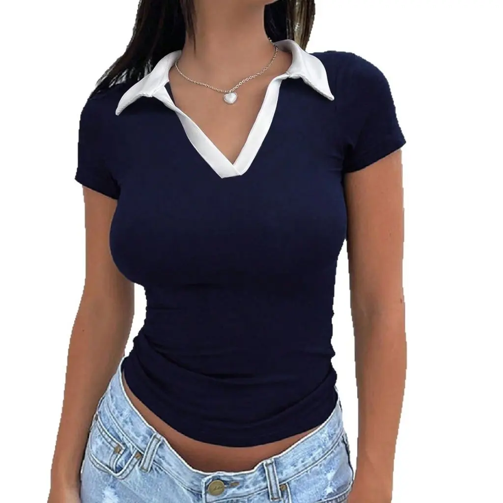 

Diyun Y2K Casual Polo Collar T-Shirt Women's Slim Fit Short-Sleeved Top Contrast Color Spring/Summer European American Style