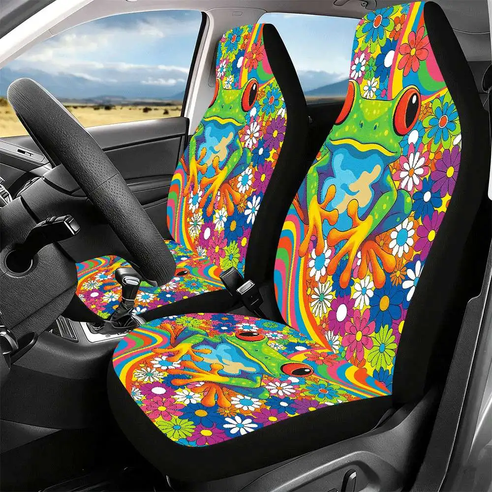 2pcs Psychedelic Frog & Retro Flower Car Seat Covers - High Back Design, Vibrant Multicolor (, Green, Yellow, Pink, Purple, Oran