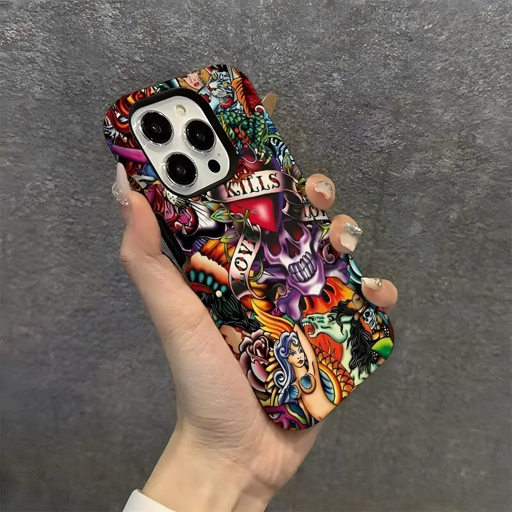 حافظة هاتف Ed Hardy من البولي كربونات الصلبة لهاتف آيفون 16 برو ماكس 16 15 14 Plus 13 12 11 غطاء عالي الدقة لامع اثنين في واحد