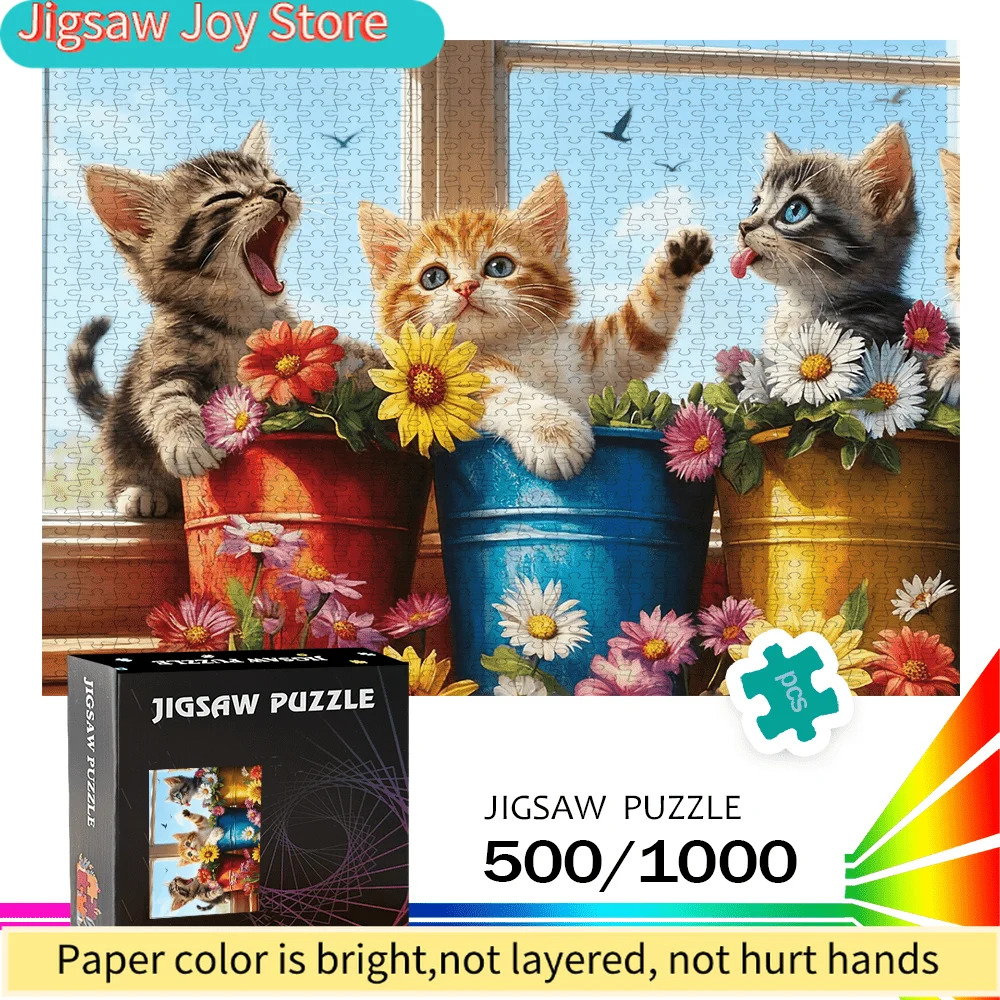 

500/1000pcs Puzzle with Cute Kittens & Flower Pots - Challenging Large Picture Puzzle for s &, 500/1000pcs, Portable Box, DIY