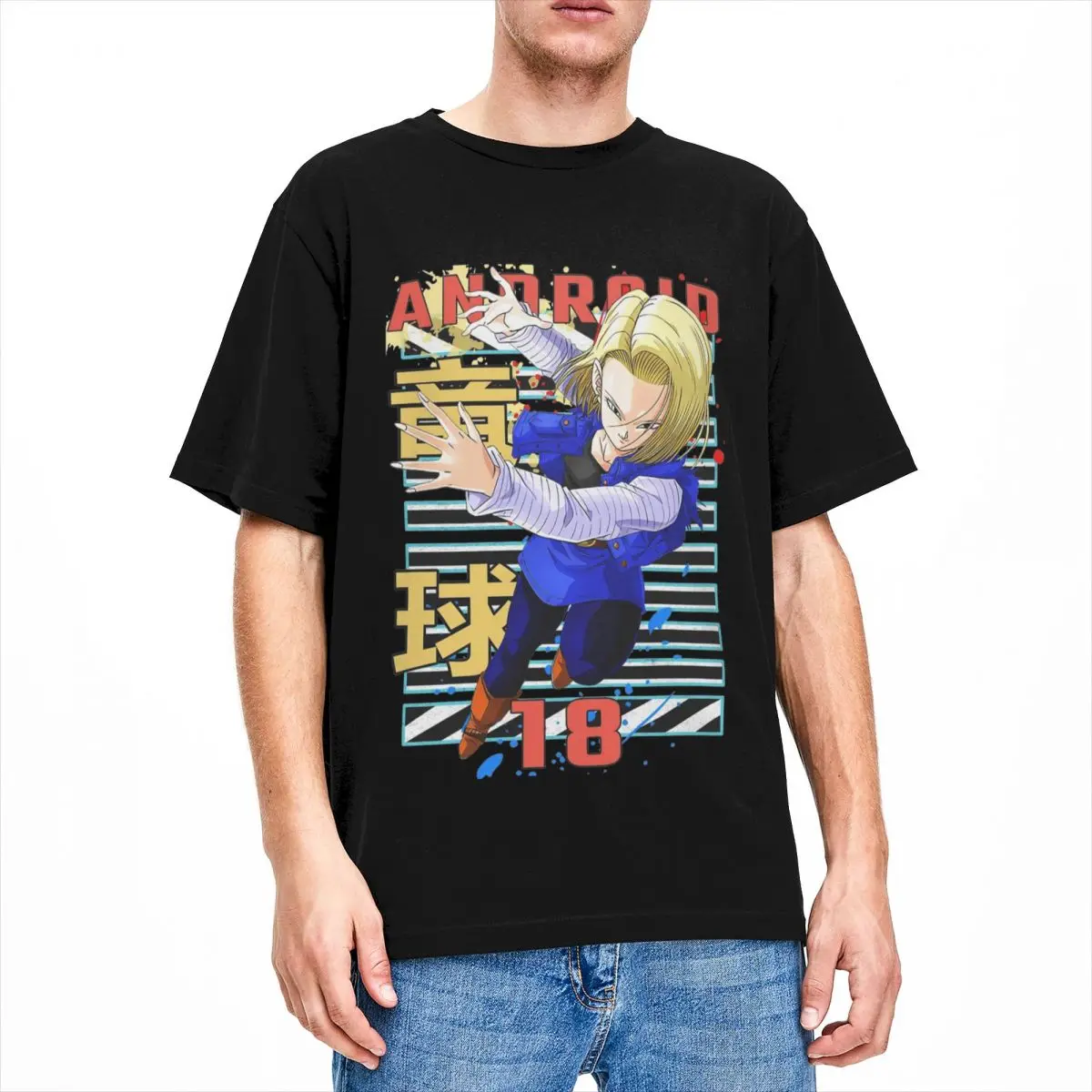 ヴィンテージ半袖アニメTシャツ,特大コットントップ,ラウンドネック,人気の服,Android 18,夏